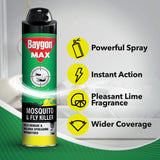 Baygon Max Mosquito and Fly Killer Spray, 400ml | Lime Fragrance | Instant Mosquito Repellent | Kills Dengue & Malaria Spreading Mosquitoes | With Double Nozzle Technology for 30% Wider Coverage