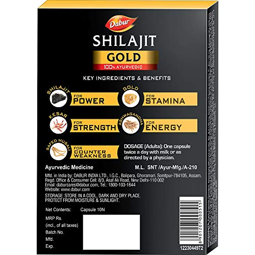 Dabur Shilajit Gold - 100 % Ayurvedic Capsules for Strength , Stamina and Power - 10 capsules