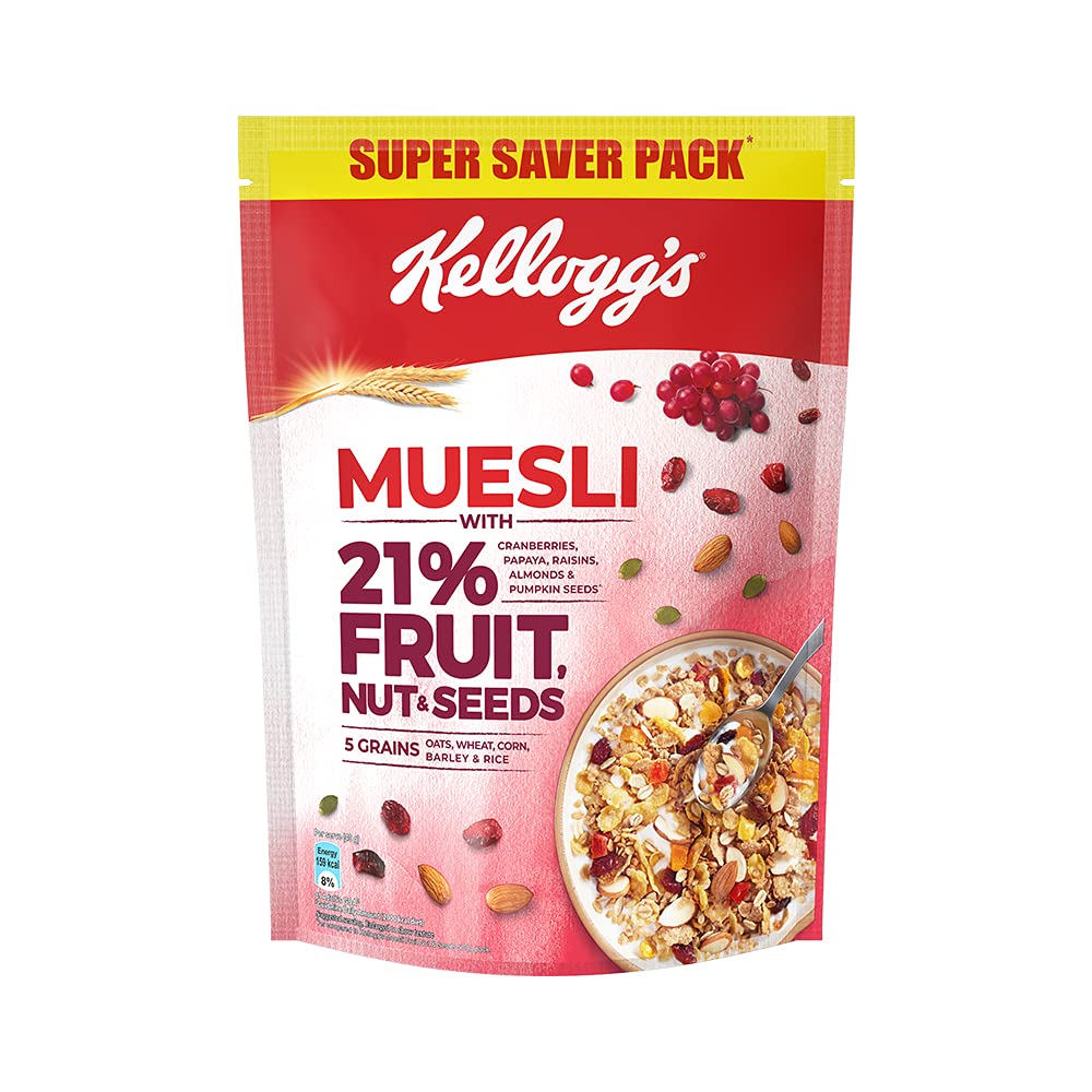 Kellogg's Muesli with 21% Fruit, Nut & Seeds |Tastier now with Cranberries and Pumpkin Seeds |Breakfast Cereal | High in Iron| Source of Fibre | Naturally Cholesterol Free | 750g Pack