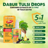 Dabur Tulsi Drops- 50% Extra: Concentrated Extract Of 5 Rare Tulsi For Natural Immunity Boosting & Cough And Cold Relief: (20Ml +10Ml Free)
