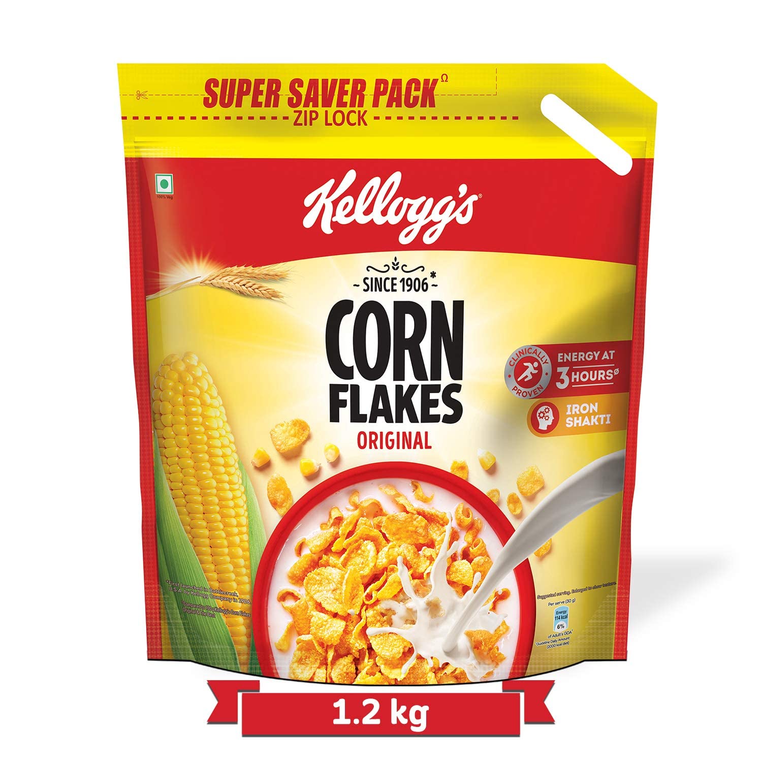 Kellogg's Corn Flakes Original, High in Iron, High in B Group Vitamins, Breakfast Cereals, 1.2 kg Pa