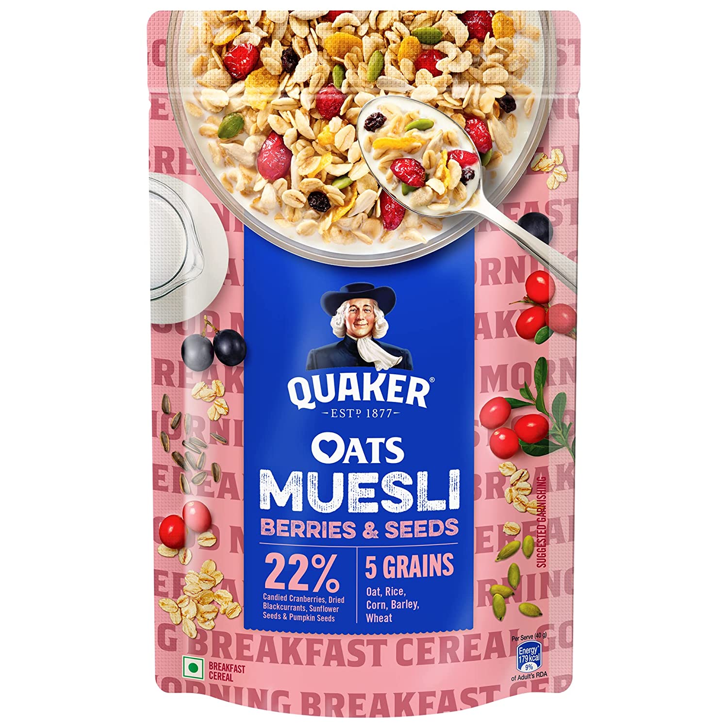 Quaker Oats Muesli 700g, Berries & Seeds flavour, Breakfast Oats Cereal