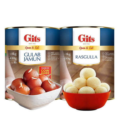 Gits Open & Eat Gulab Jamun + Rasgulla, 16 Pieces Per Can, Mouth-Watering Indian Mithai, 2Kg (2000gram)(1Kg Gulab Jamun Tin + 1Kg Rasgulla Tin)