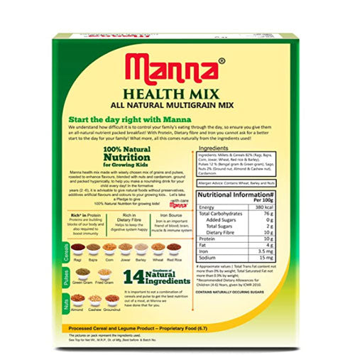 Manna Health Mix - 100% Natural Multigrain Nutrition for Kids, 1kg. No Added Sugar/Colour/Flavour. 14 Natural Ingredients (Nuts, Cereals & Pulses)