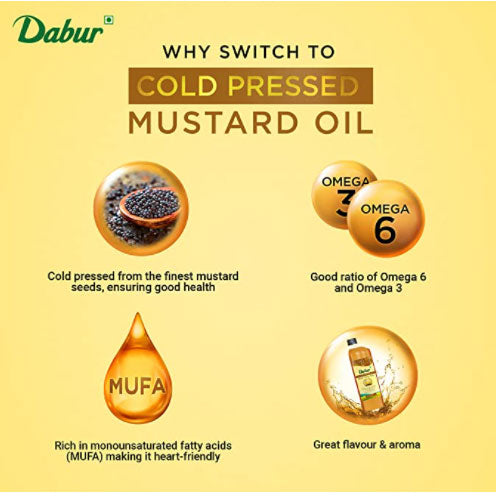 Dabur Cold Pressed Mustard Oil -1L : Healthy Cooking Oil with the Omega 3 & 6